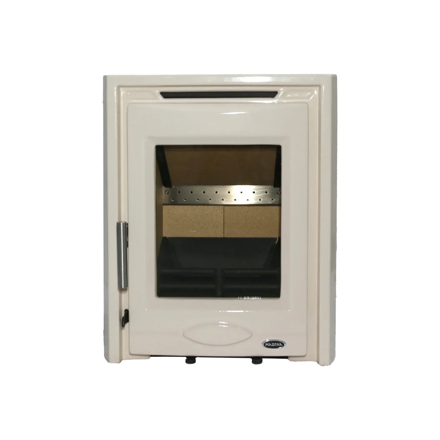Cream enamel wood burning stove with glass front and metal handle, straight-on view