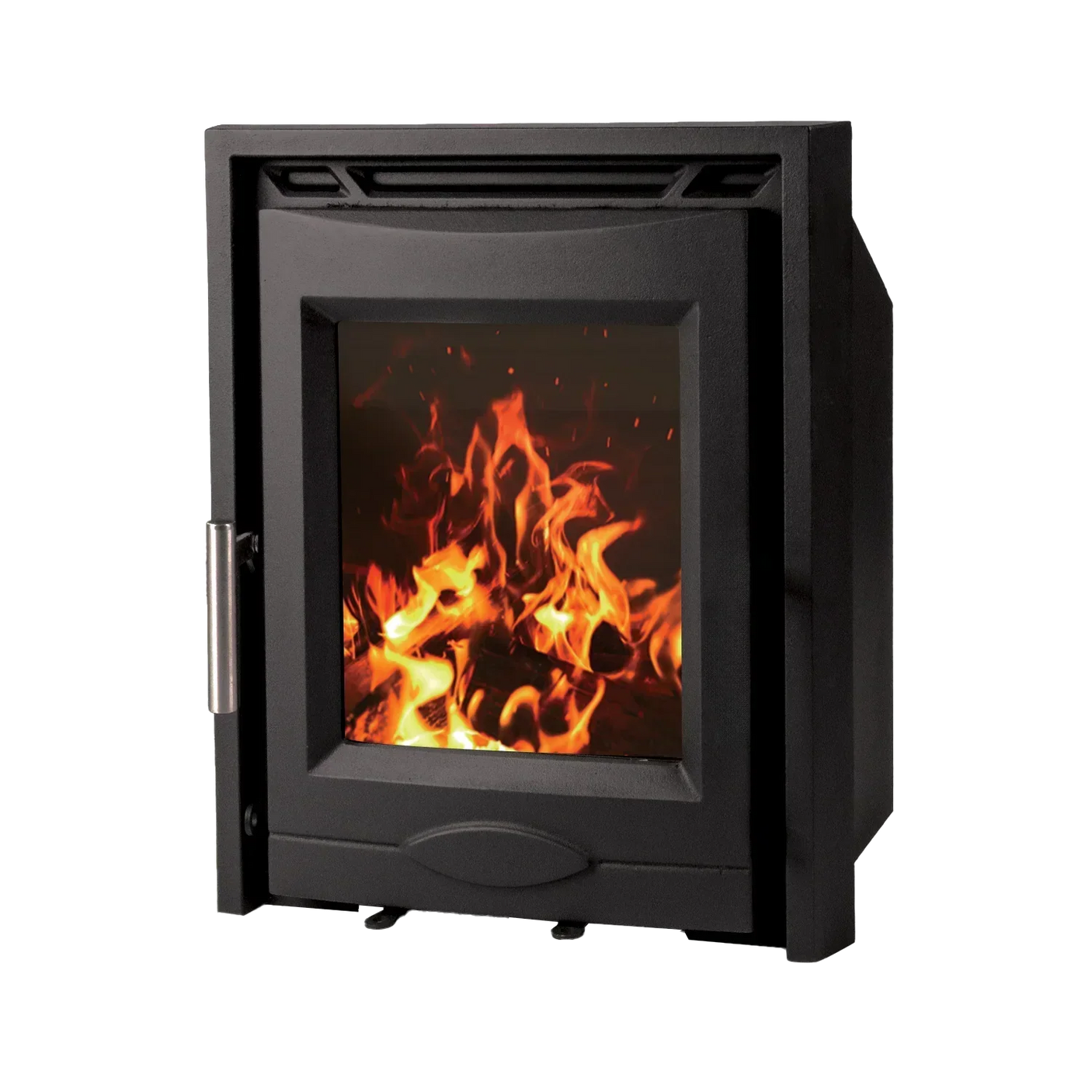 Black wood burning stove with glass door showing fire inside, angled front view