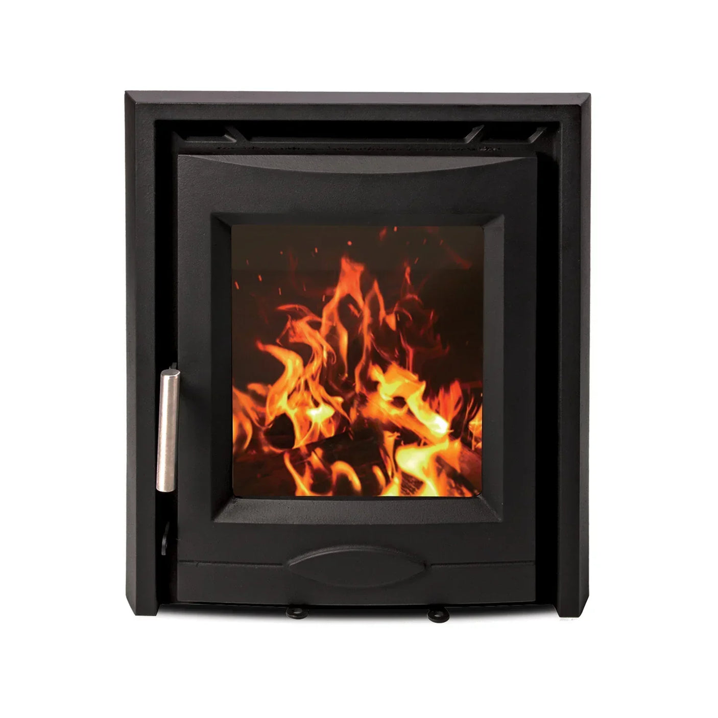 Black inset wood burning stove with glass front showing flames