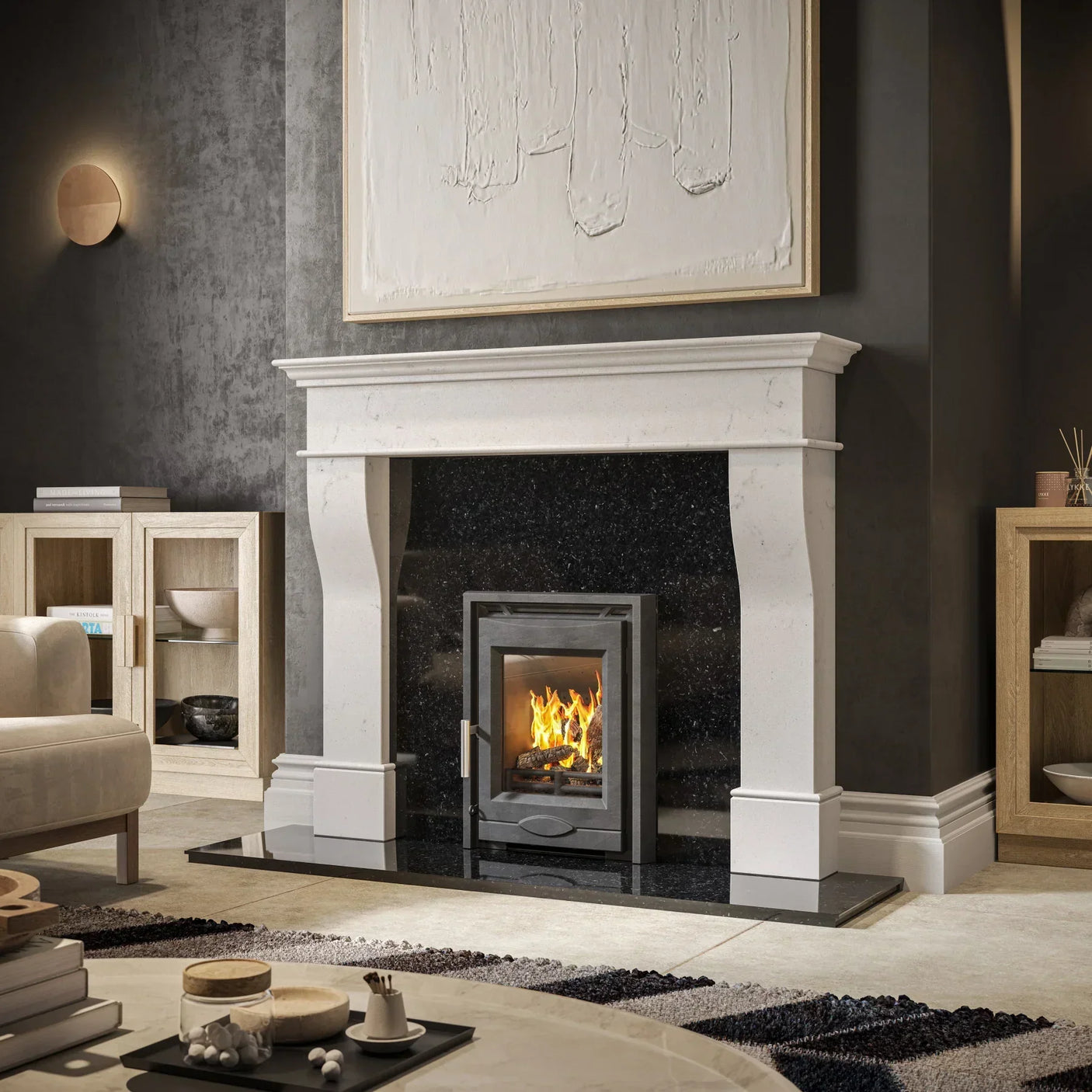 Modern marble fireplace with inset stove and black hearth in stylish living room setting