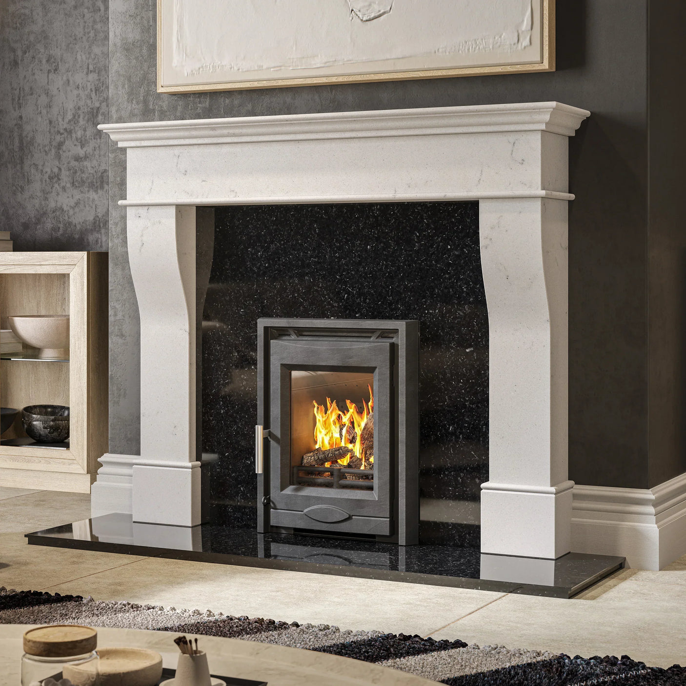 White marble fireplace with black hearth and modern wood burning stove