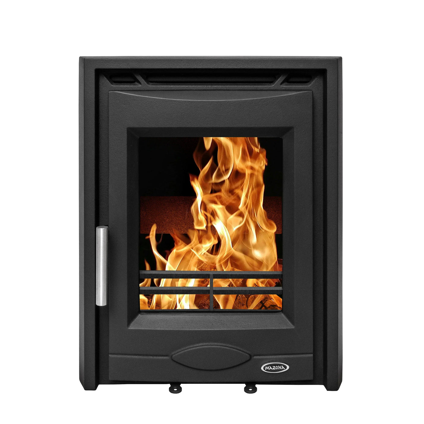 Black cast iron wood burning stove with visible flames and silver handle front view