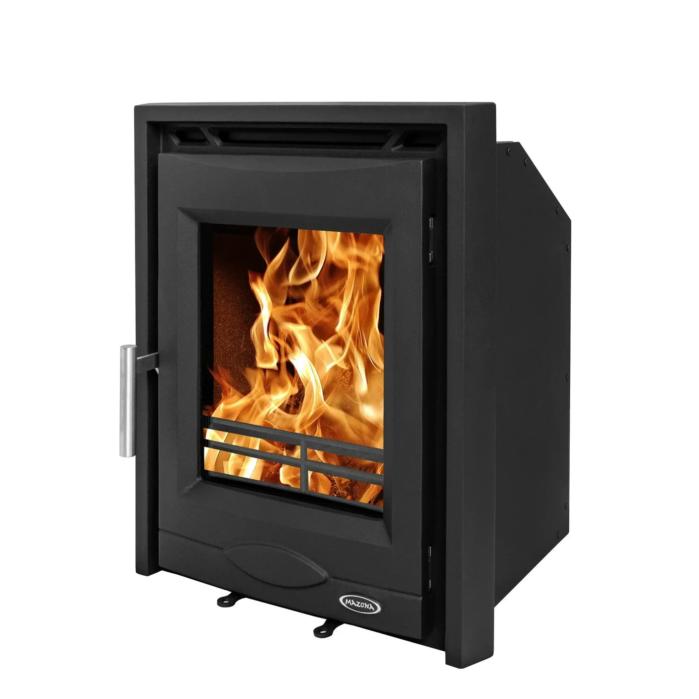 Black wood burning stove with large glass front and visible flames, angled side view