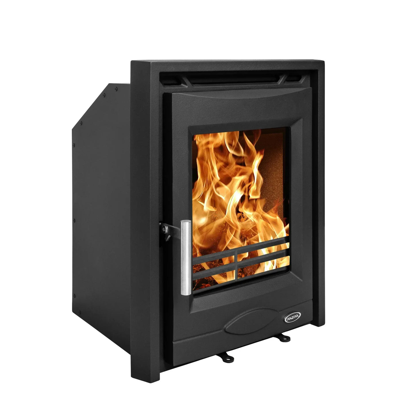 Black wood burning stove with glass front and visible fire, angled side view