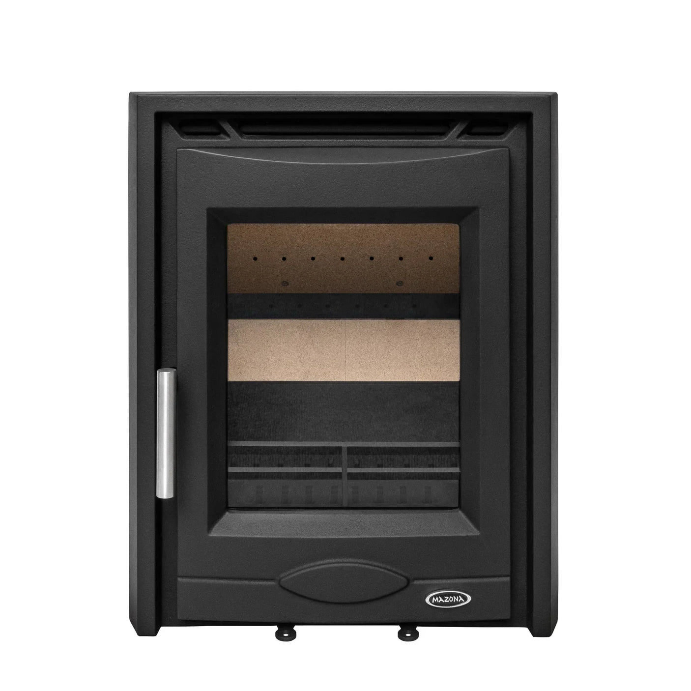Black cast iron multi-fuel stove with glass door and metal handle front view