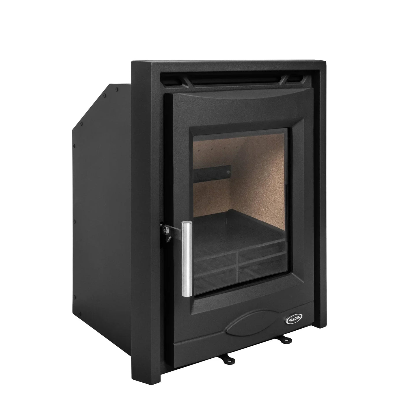 Black wood burning stove with glass door and metallic handle, corner view