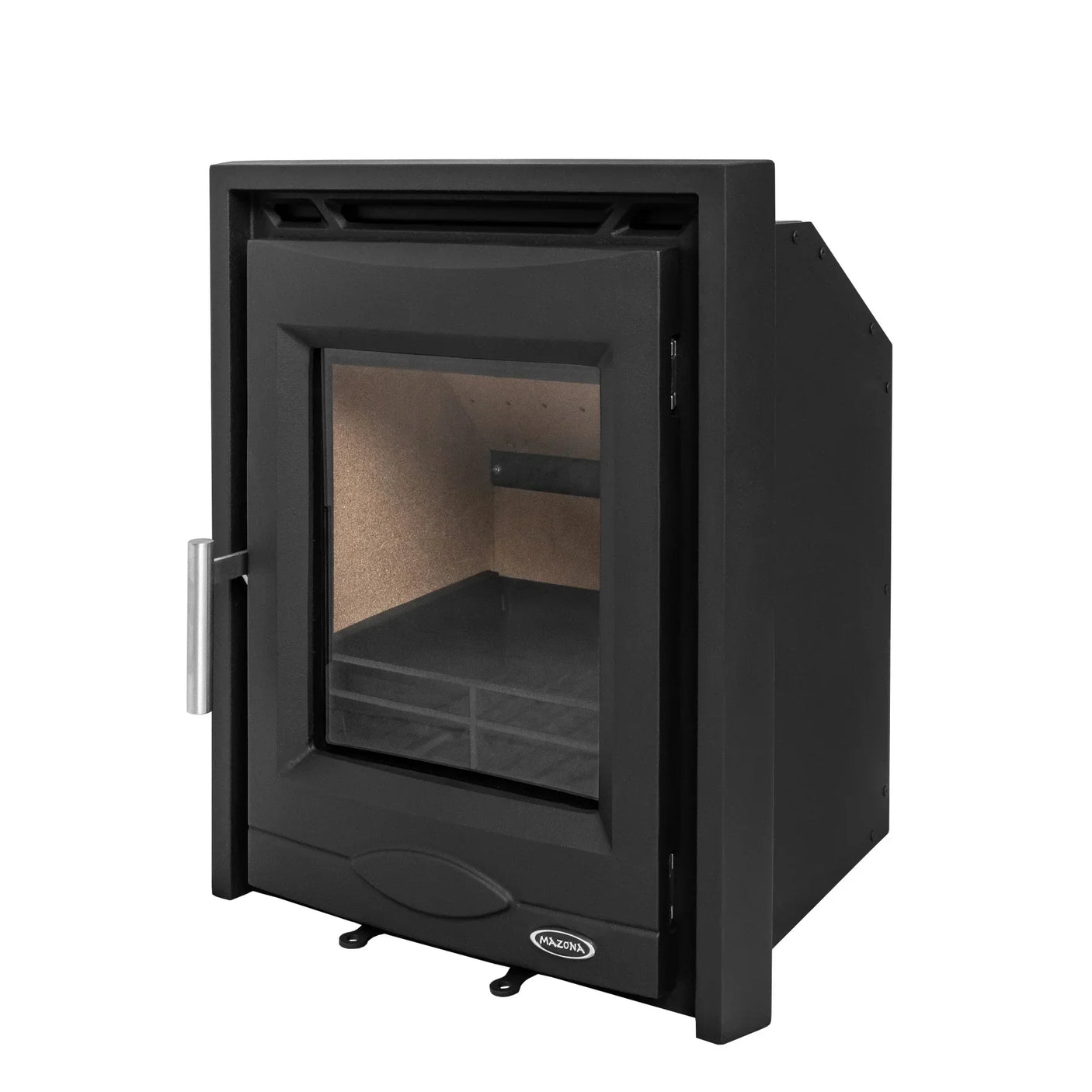 Black freestanding wood burning stove with glass door and chrome handle, angled side view