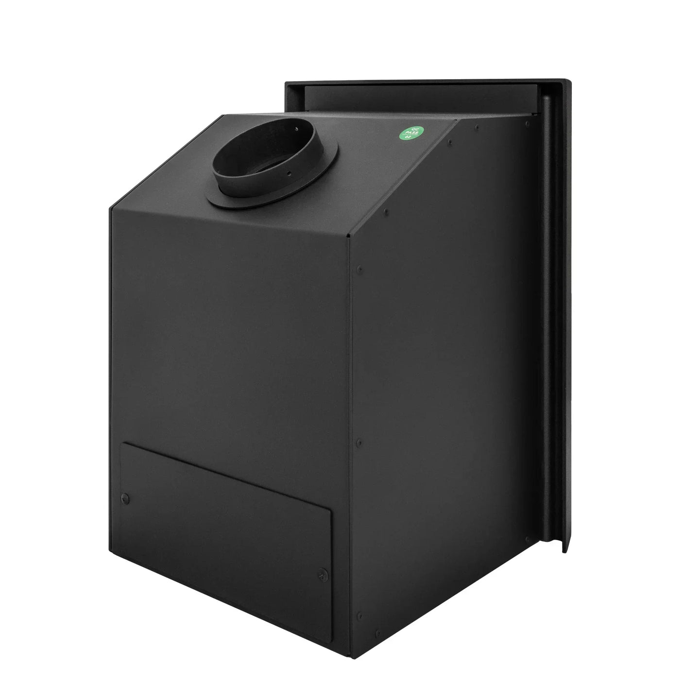 Black inset stove chamber with angled flue outlet, steel construction, side profile view