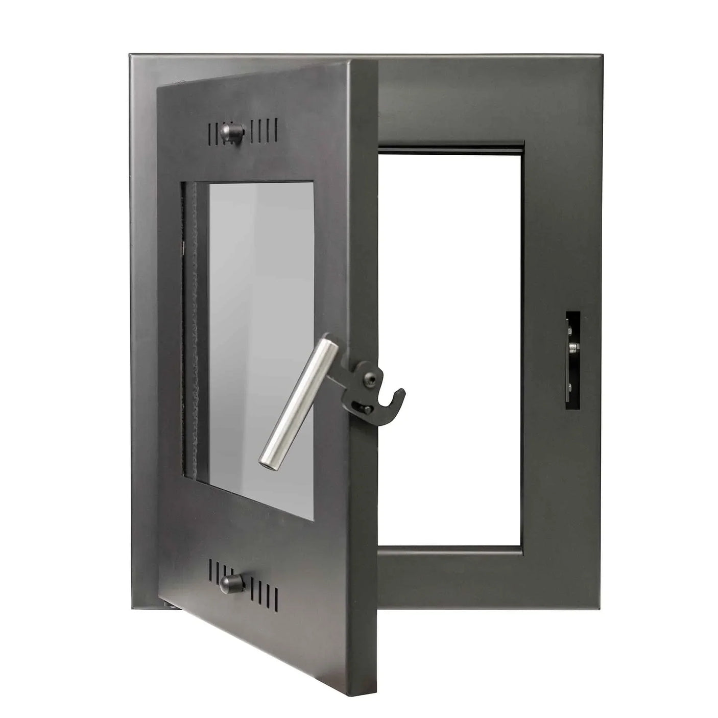 Steel stove door with glass panel and vented design, open to show inner frame and handle
