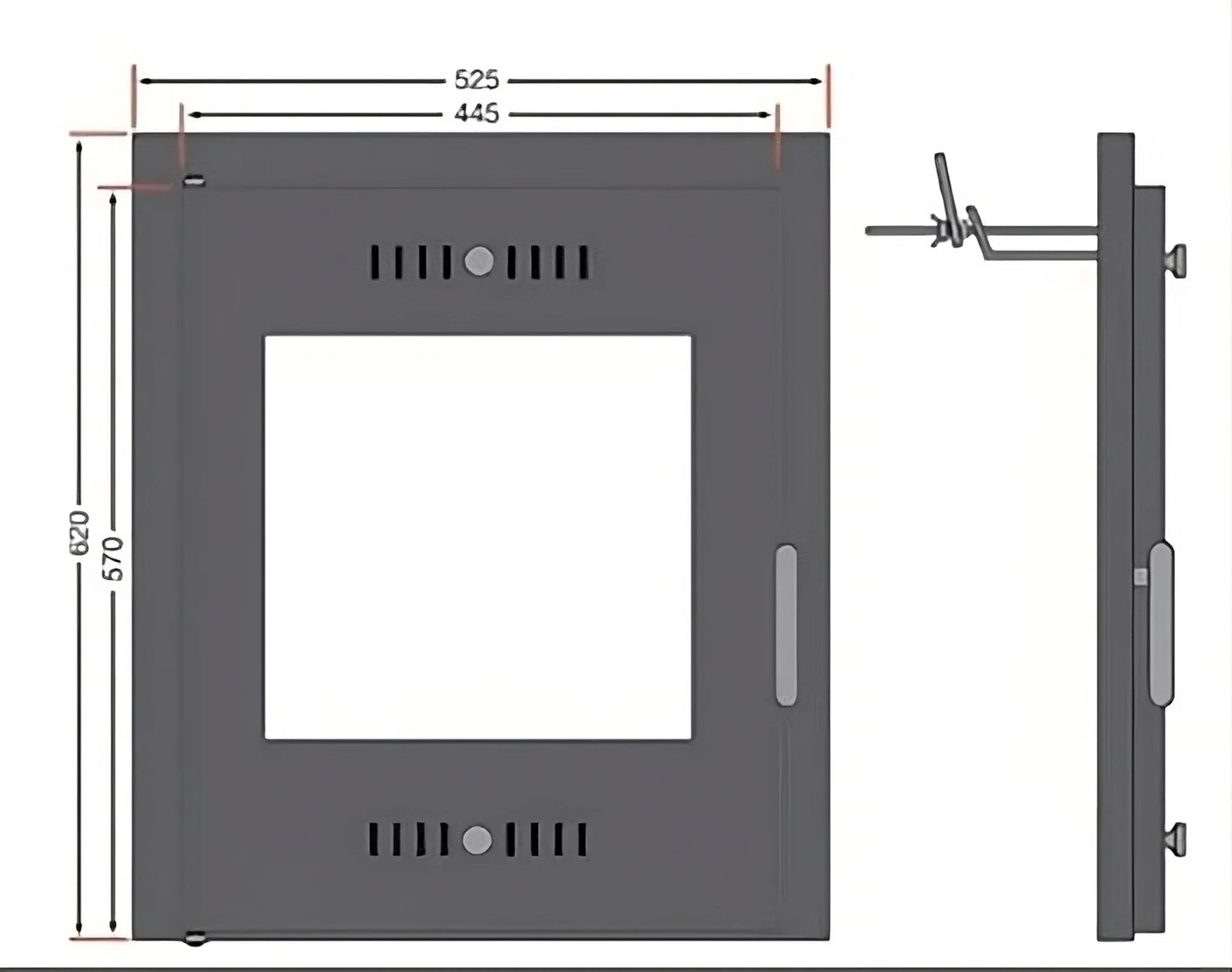 Black stove door with glass panel, vent slots, silver handles and technical measurements