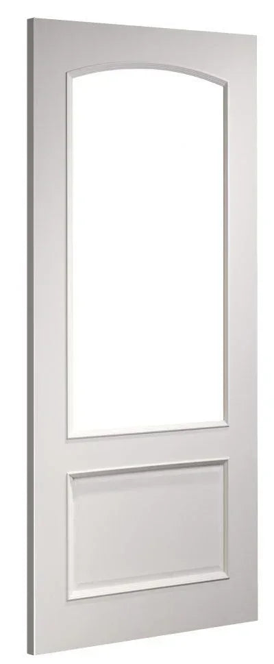 primed interior door with unglazed panel and arched top design, angled front view