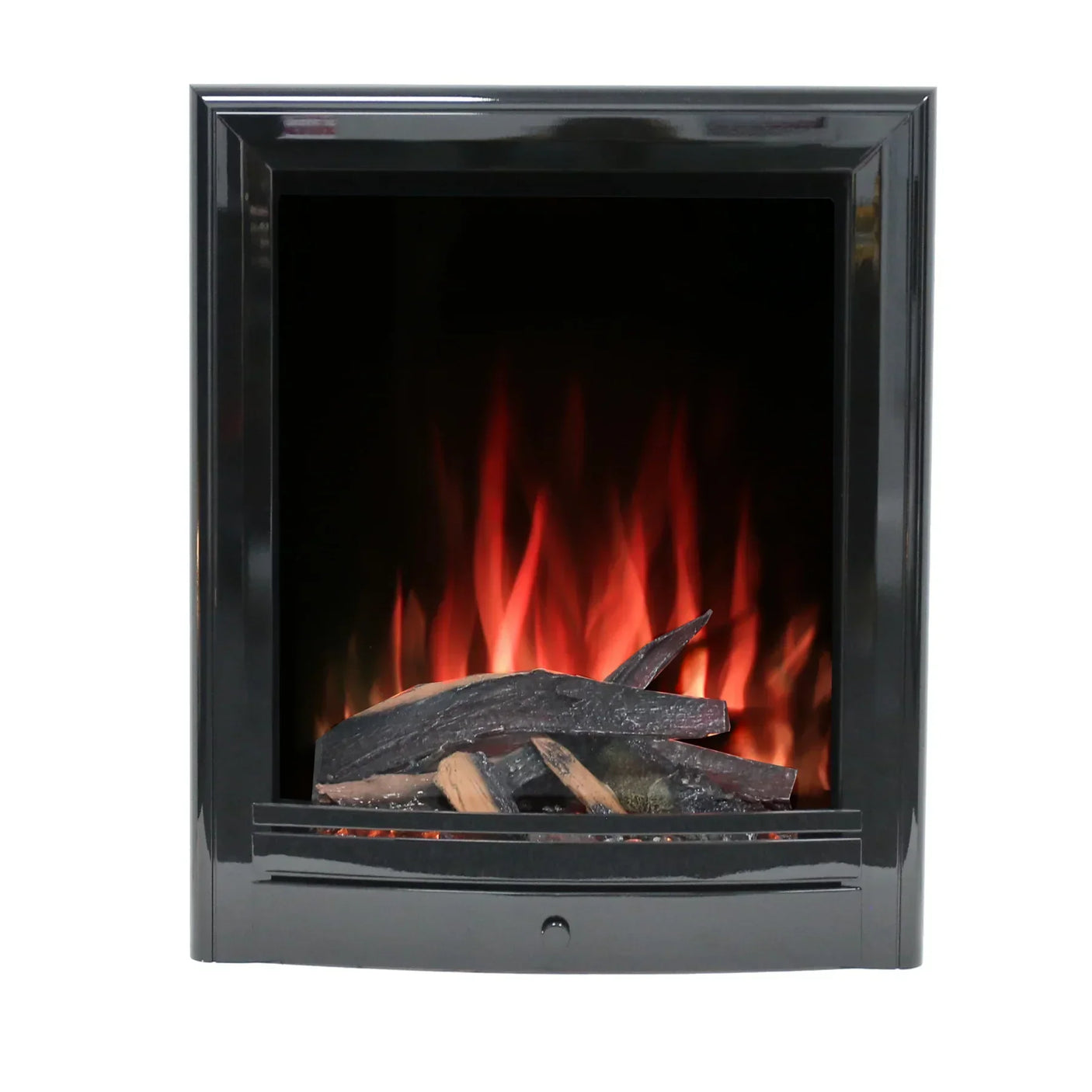 electric fire with black frame and realistic log effect, glowing flames in centre view