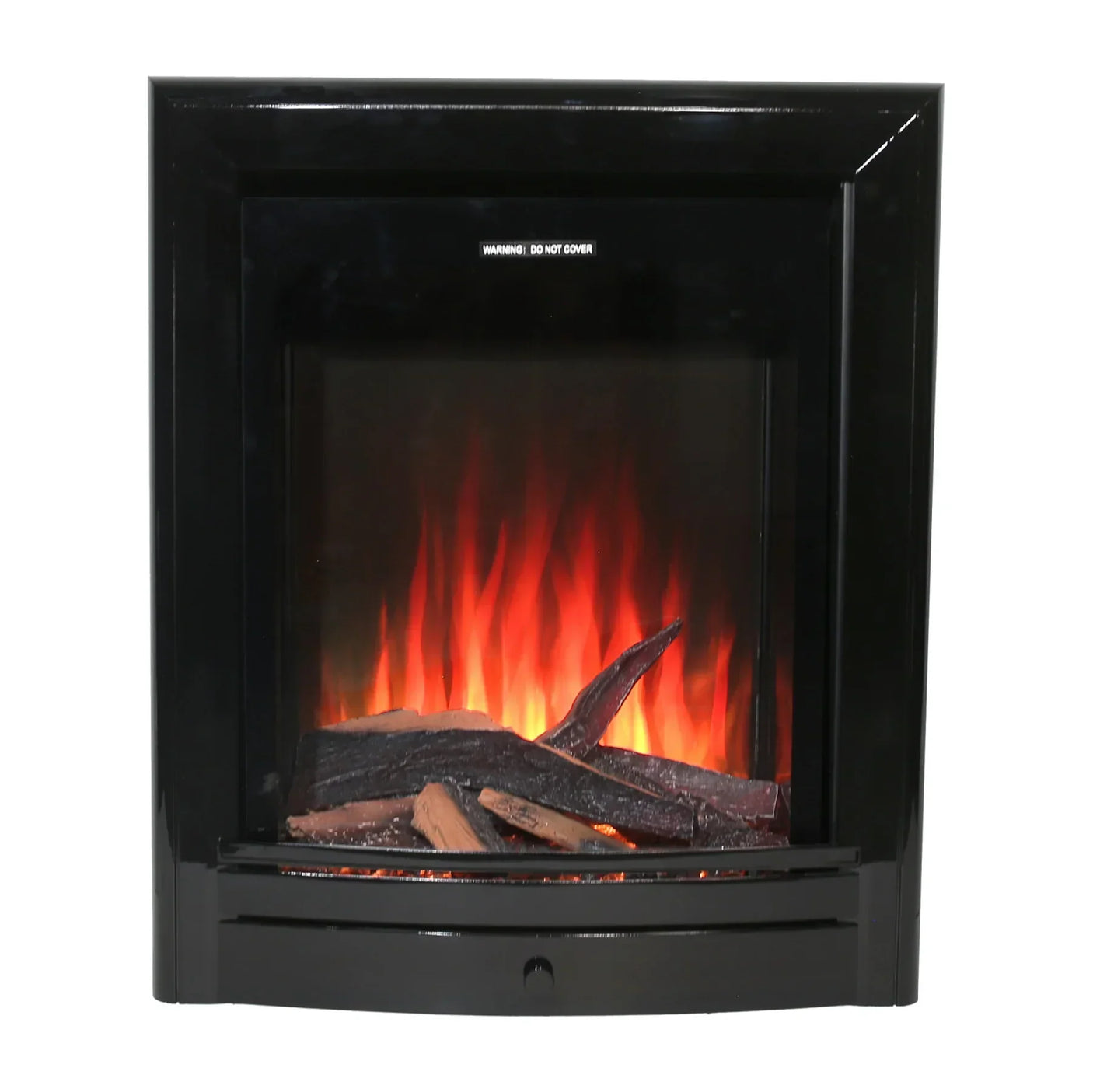 Black glass electric fireplace with log effect and realistic flame display