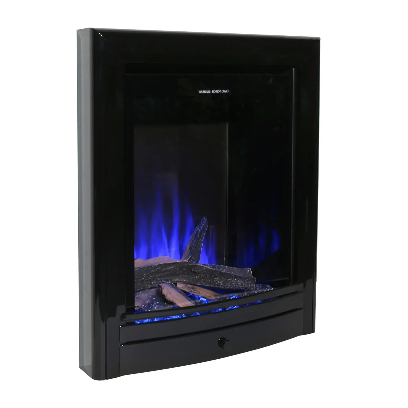Black electric fireplace with blue LED flame and log effect, close view from angle