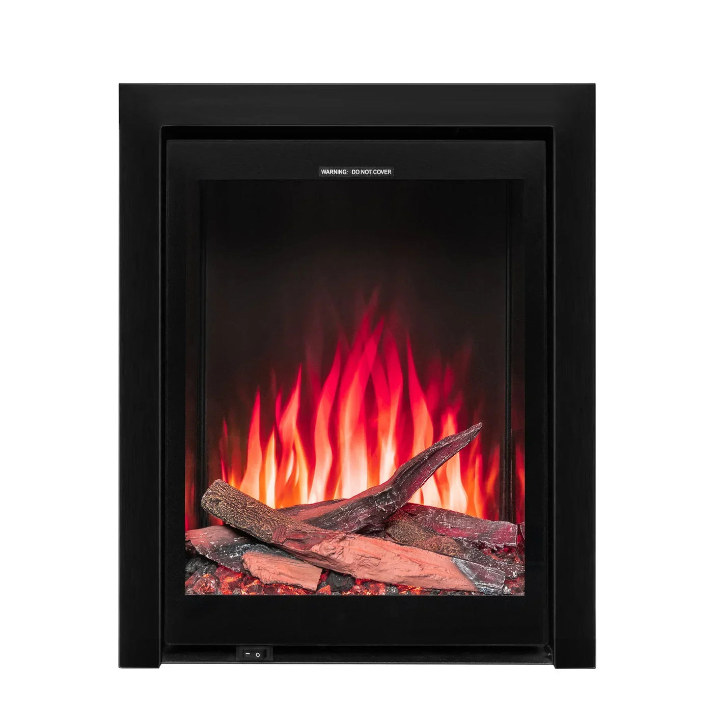 Electric fireplace with glass front and realistic log effect flame, black frame shown head-on