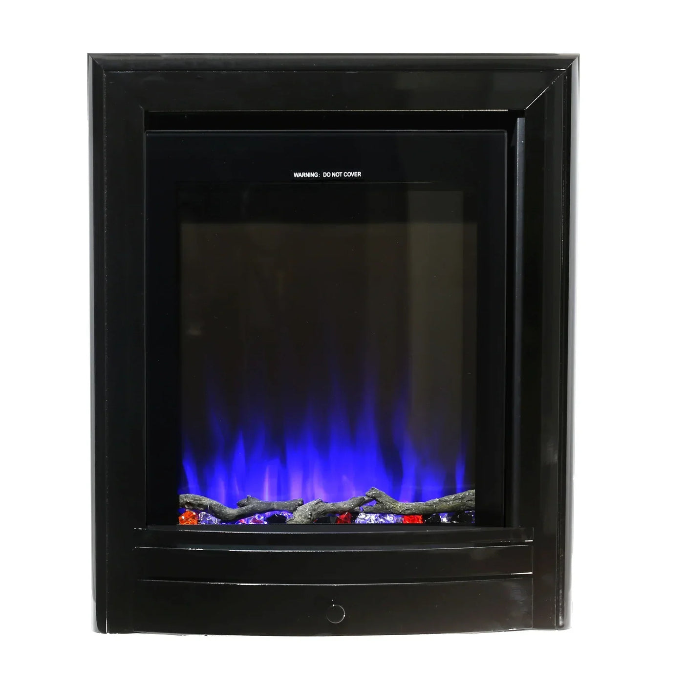 Black electric fire with nickel frame and blue LED flame effect, front view