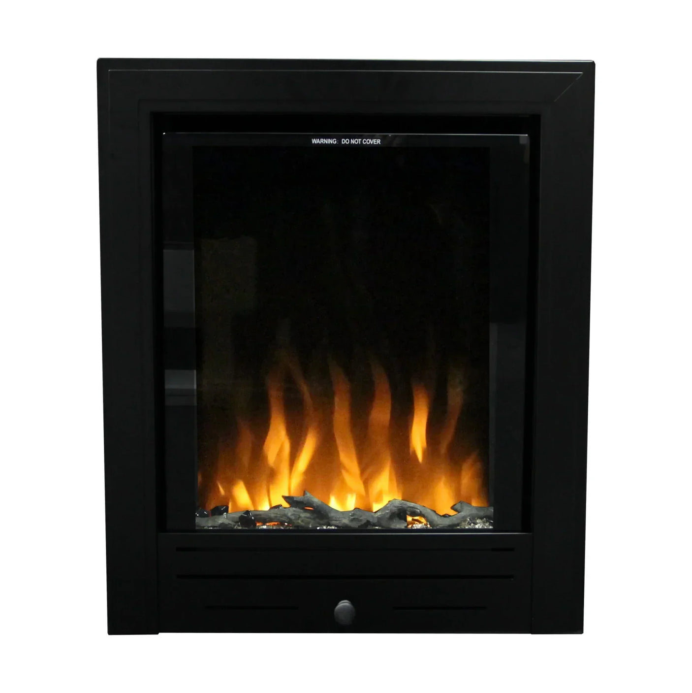 Black electric fireplace insert with realistic flame effect and glowing log bed