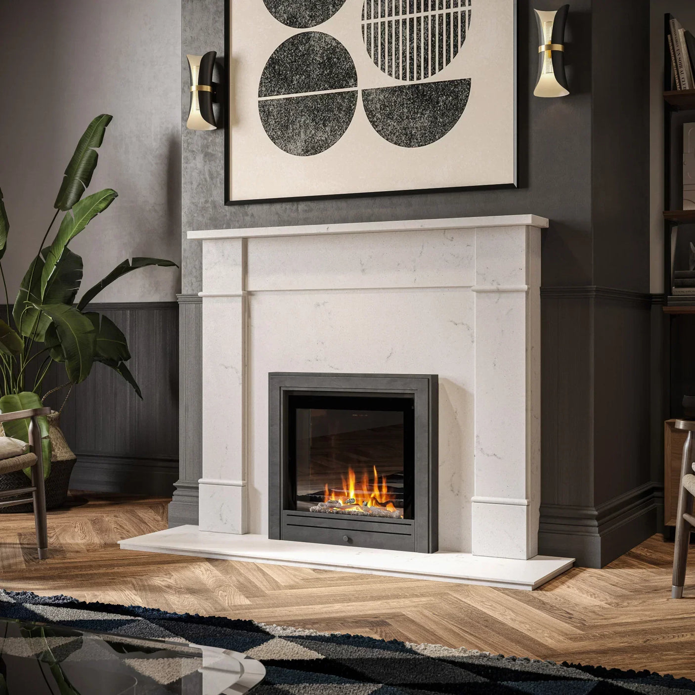 Widescreen electric fire with metal trim in marble fireplace, modern living room setting