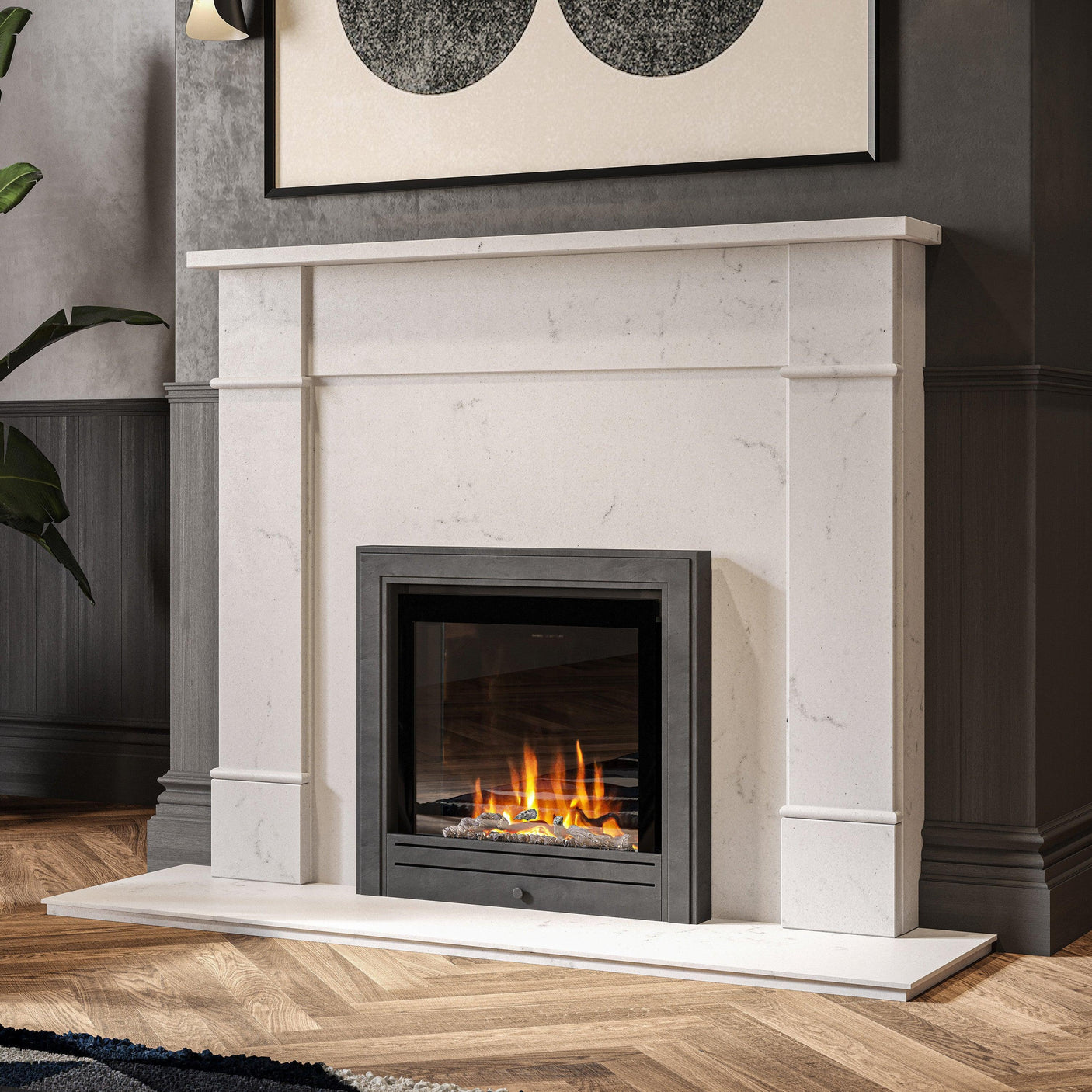 White marble fireplace with black metal trim and glass front log fire in modern living room