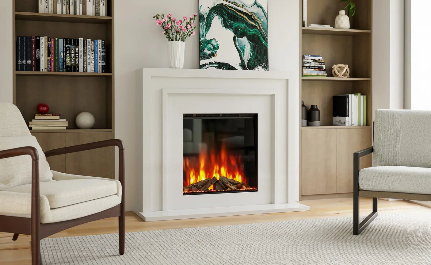 Modern electric fireplace suite with white surround in contemporary living room setting