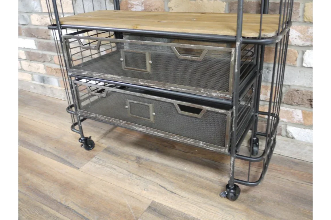 Industrial storage trolley with mesh metal drawers and wooden top on castor wheels