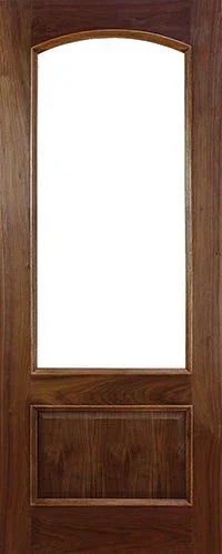 Solid walnut interior door with large arched glass panel and rectangular wood detail