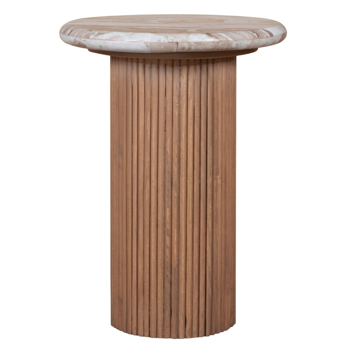 Elegant Ashford Natural Marble & Wood Pedestal Side Table in pale taupe finish