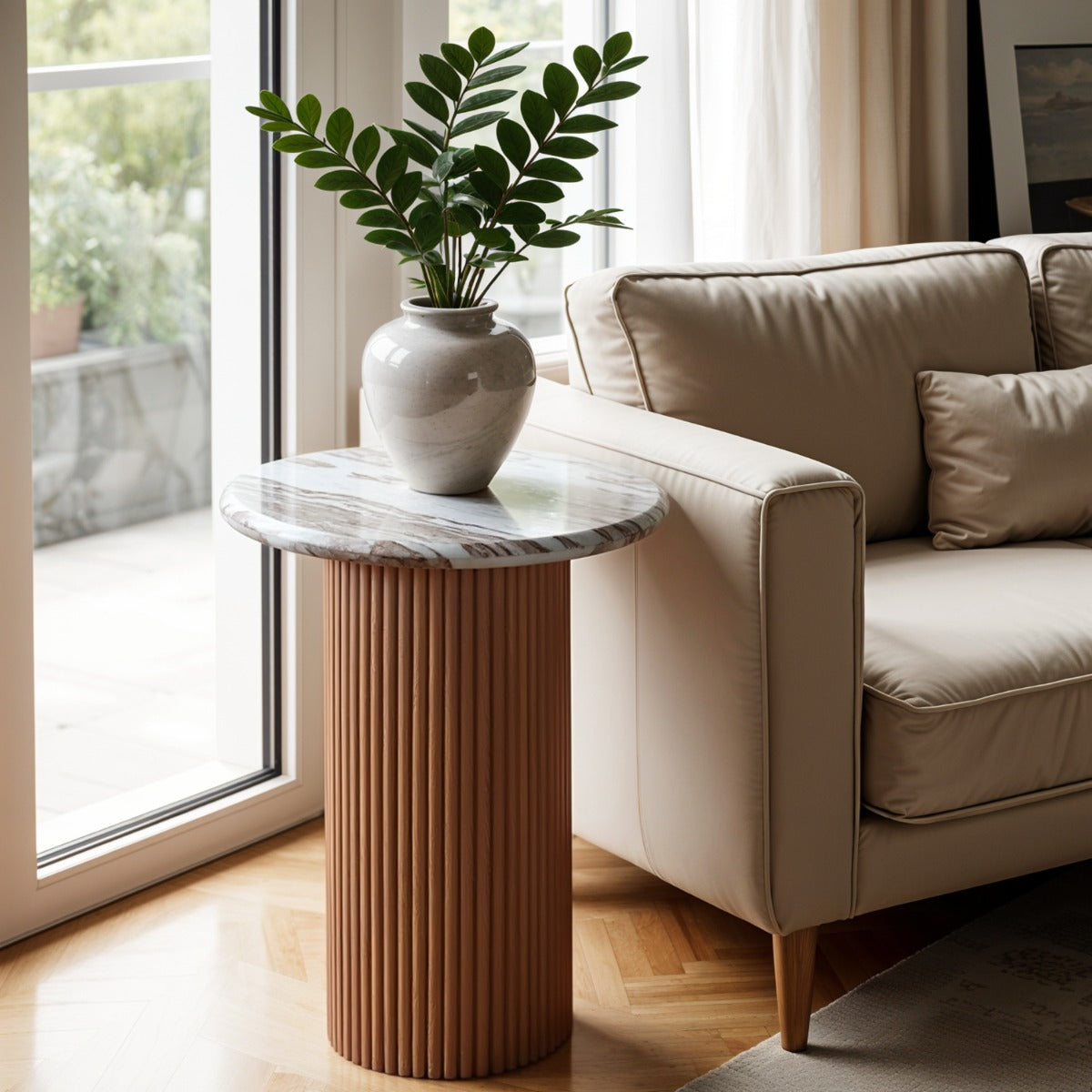 Elegant Ashford Natural Marble & Wood Pedestal Side Table in pale taupe finish