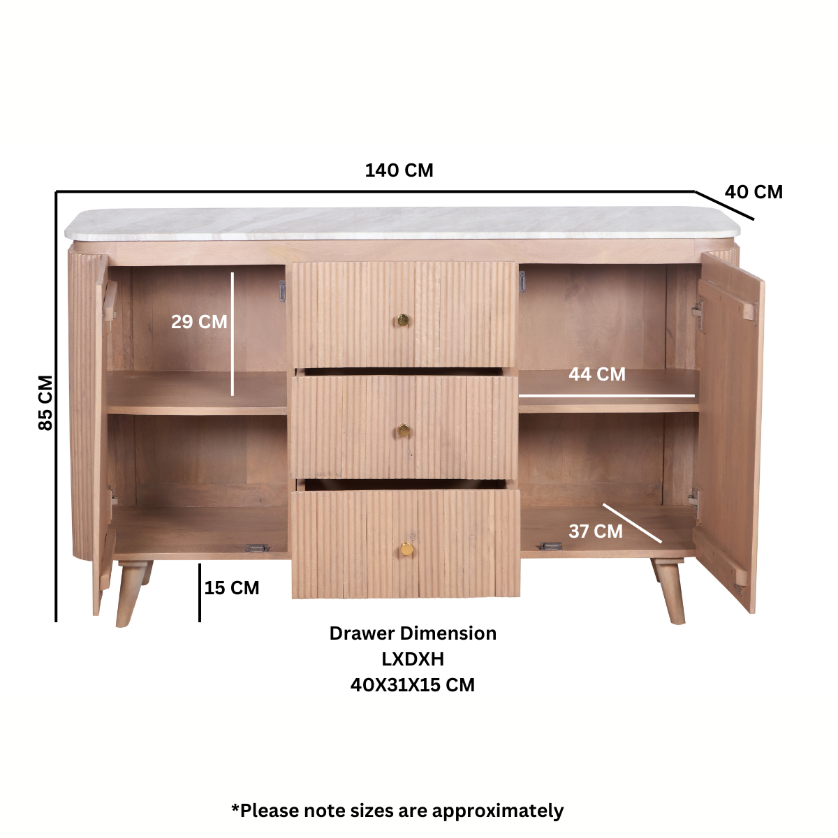 Extra large Ashford sideboard with natural marble top and mango wood body