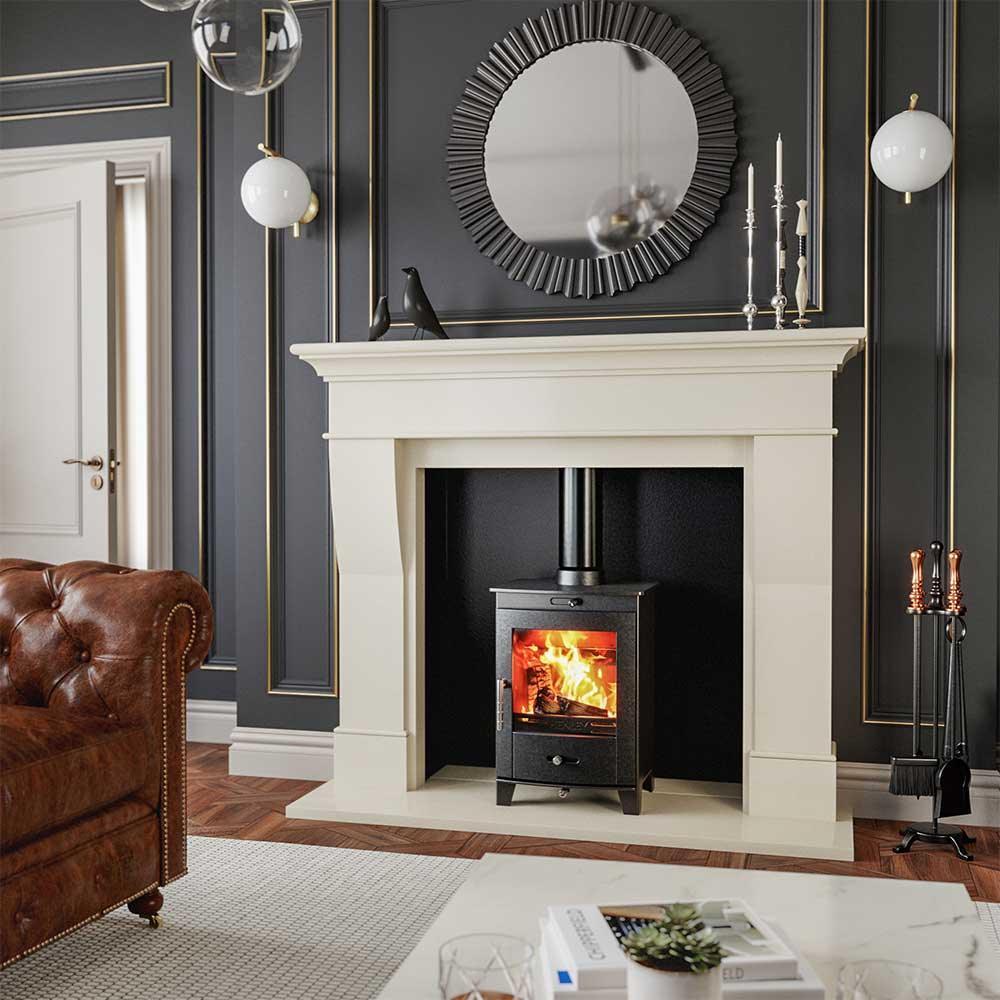 Contemporary living room with cream fireplace, black wood burning stove, and brown leather sofa