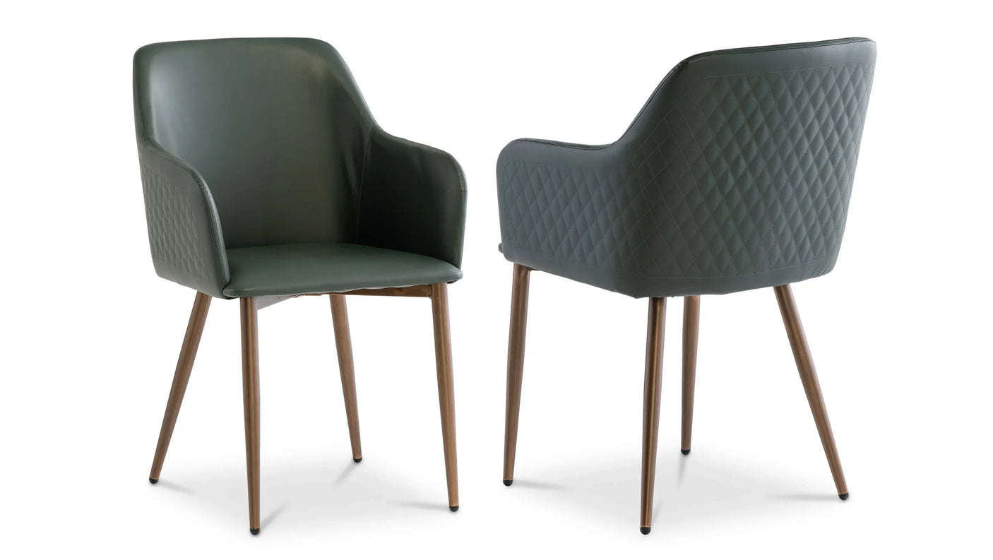 Green faux leather dining chairs with quilted backrest and wooden legs, front and rear view
