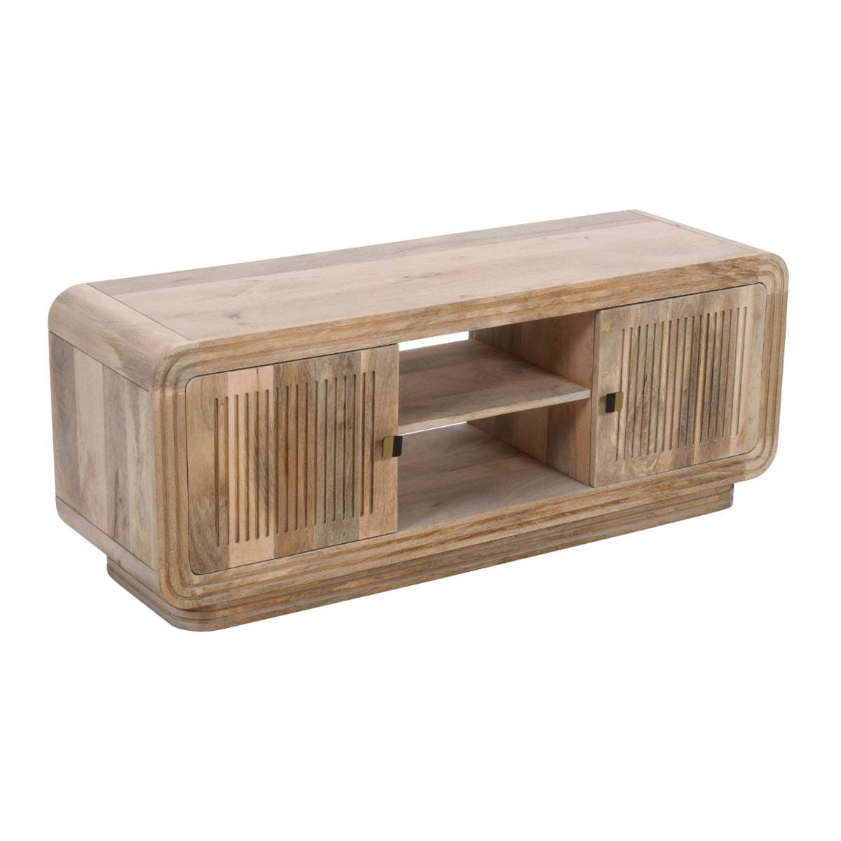 Hudson TV Cabinet made of carved mango wood in a stylish living room setting