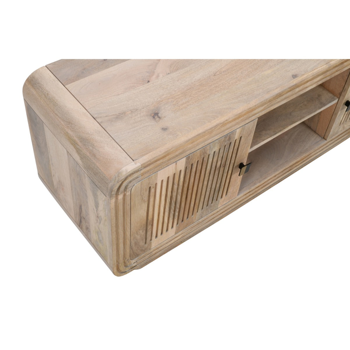 Hudson TV Cabinet made of carved mango wood in a stylish living room setting