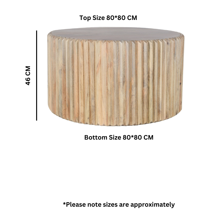 Round coffee table made of carved mango wood, perfect for living room decor