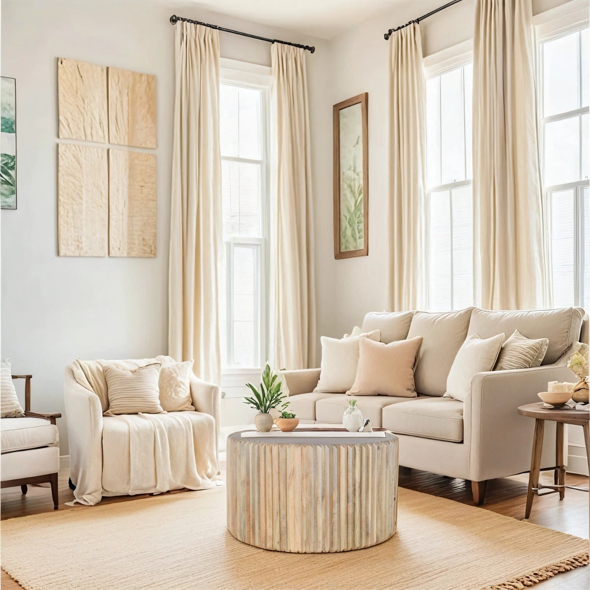 Round coffee table made of carved mango wood, perfect for living room decor