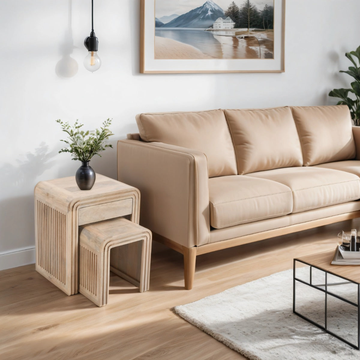 Hudson nest of 2 tables in carved mango wood with lacquered finish