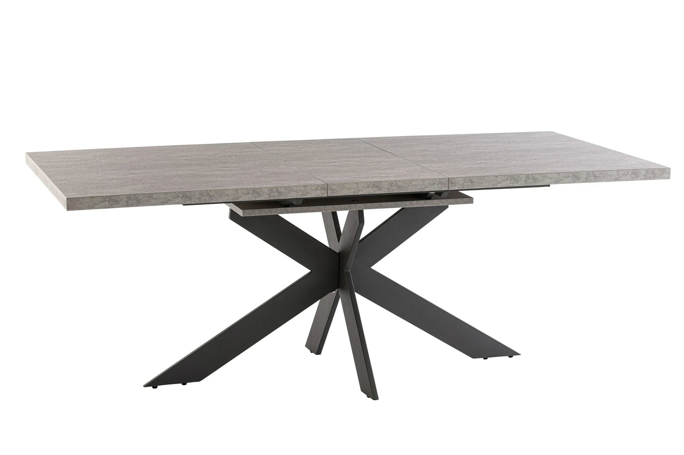 Grey ceramic extending dining table with black metal cross legs