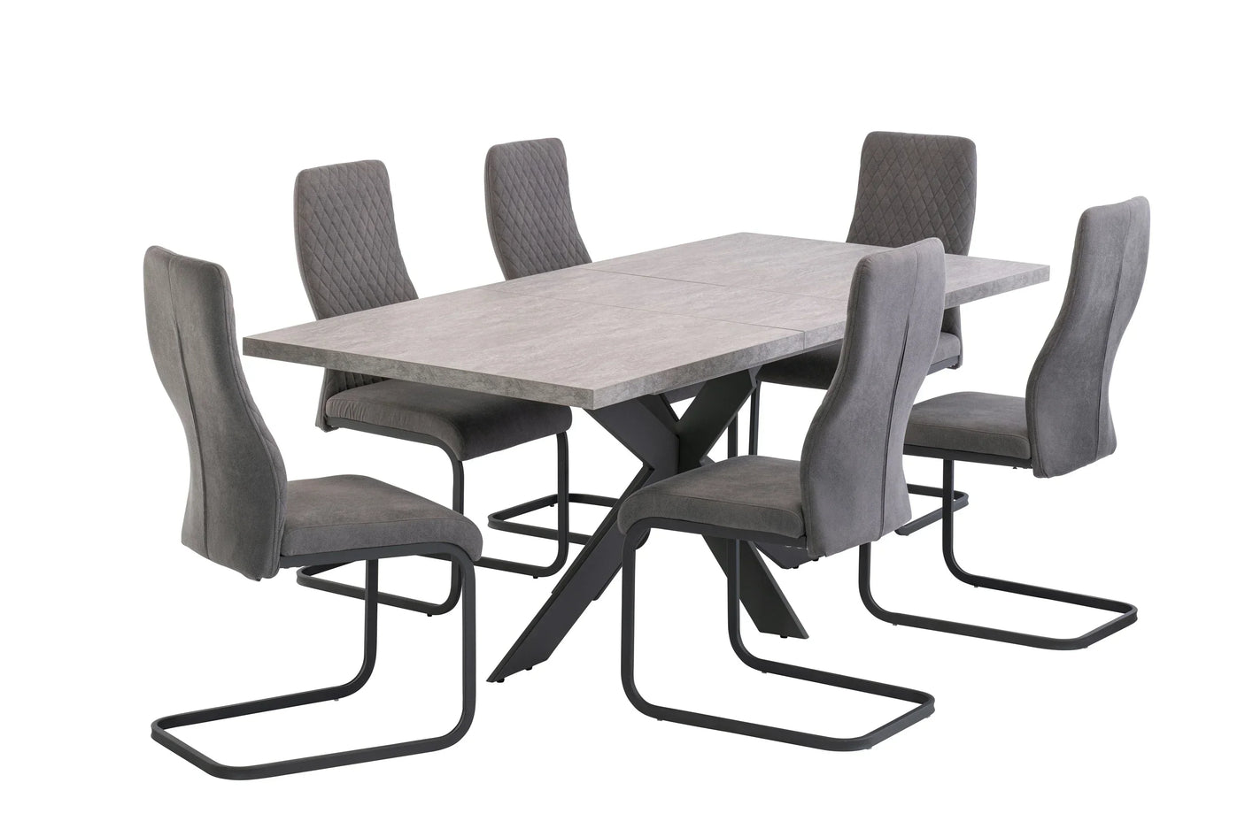 Modern grey dining table set with six upholstered chairs and black metal legs