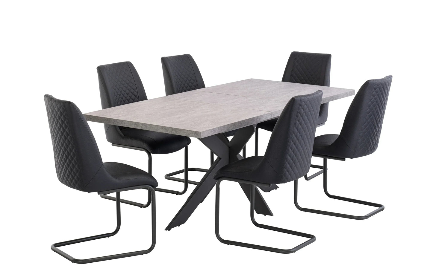 Grey dining table with six black faux leather chairs featuring quilted backs and metal legs