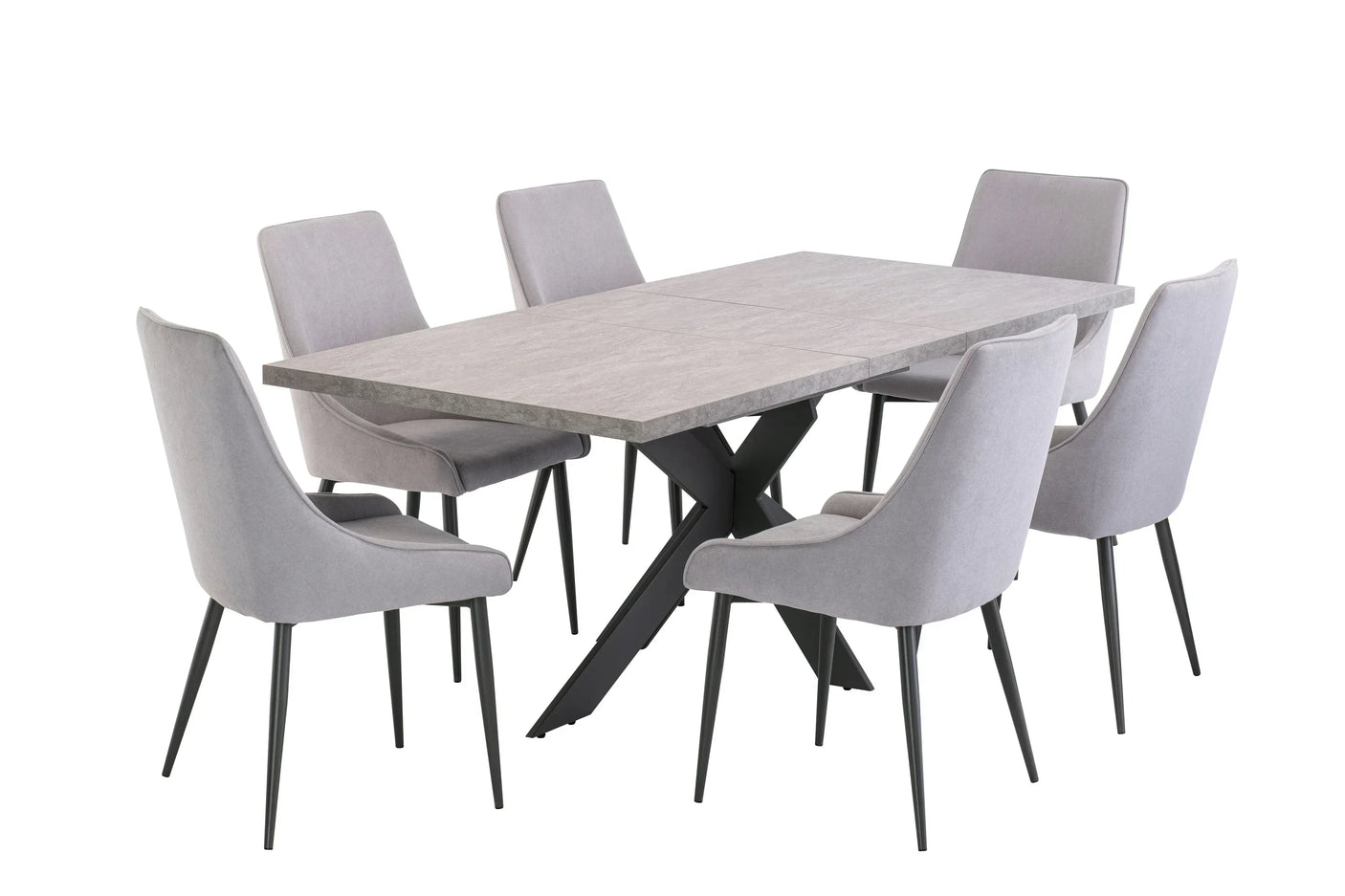 Grey dining table with six matching upholstered grey chairs and black metal legs
