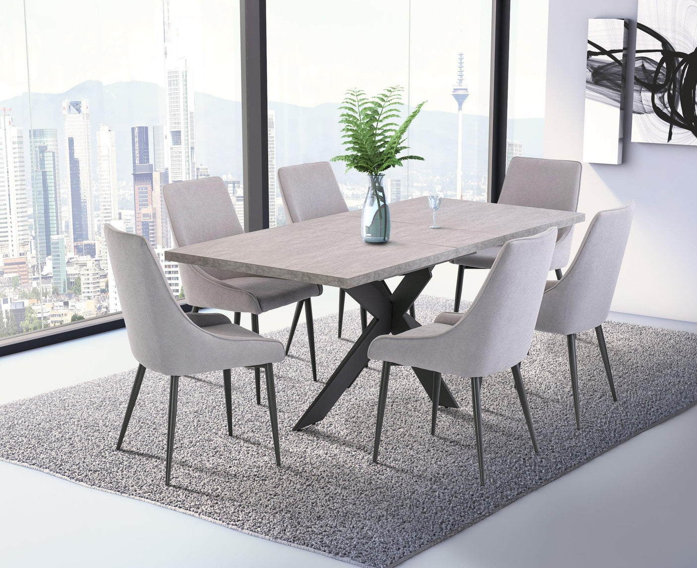 Modern dining table set with six grey fabric chairs on textured rug in bright city view room
