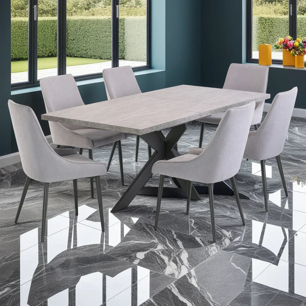 Grey dining table set with six upholstered chairs on marble floor in modern dining room
