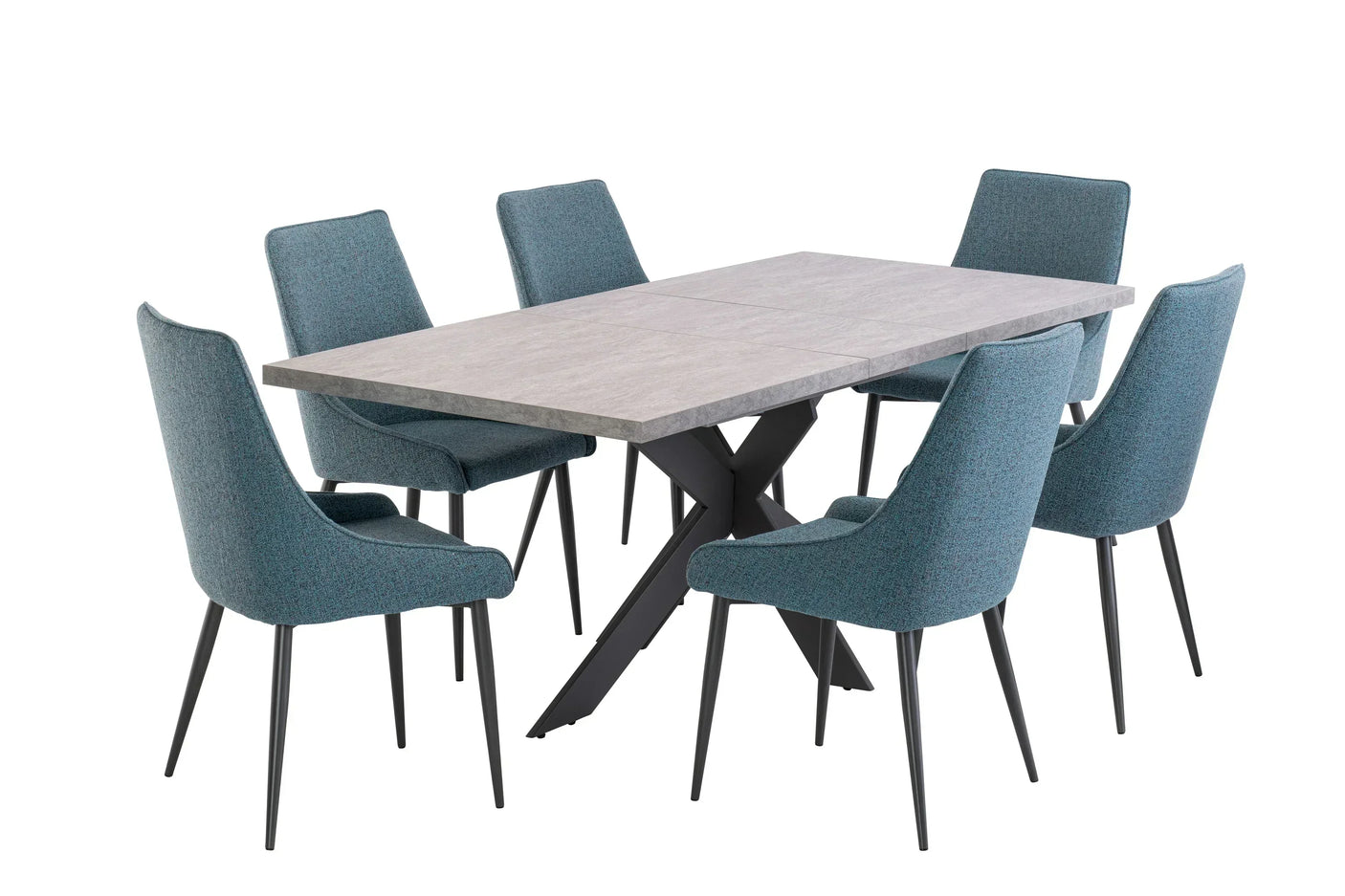 Rectangular dining table with grey top and six teal fabric chairs on black legs