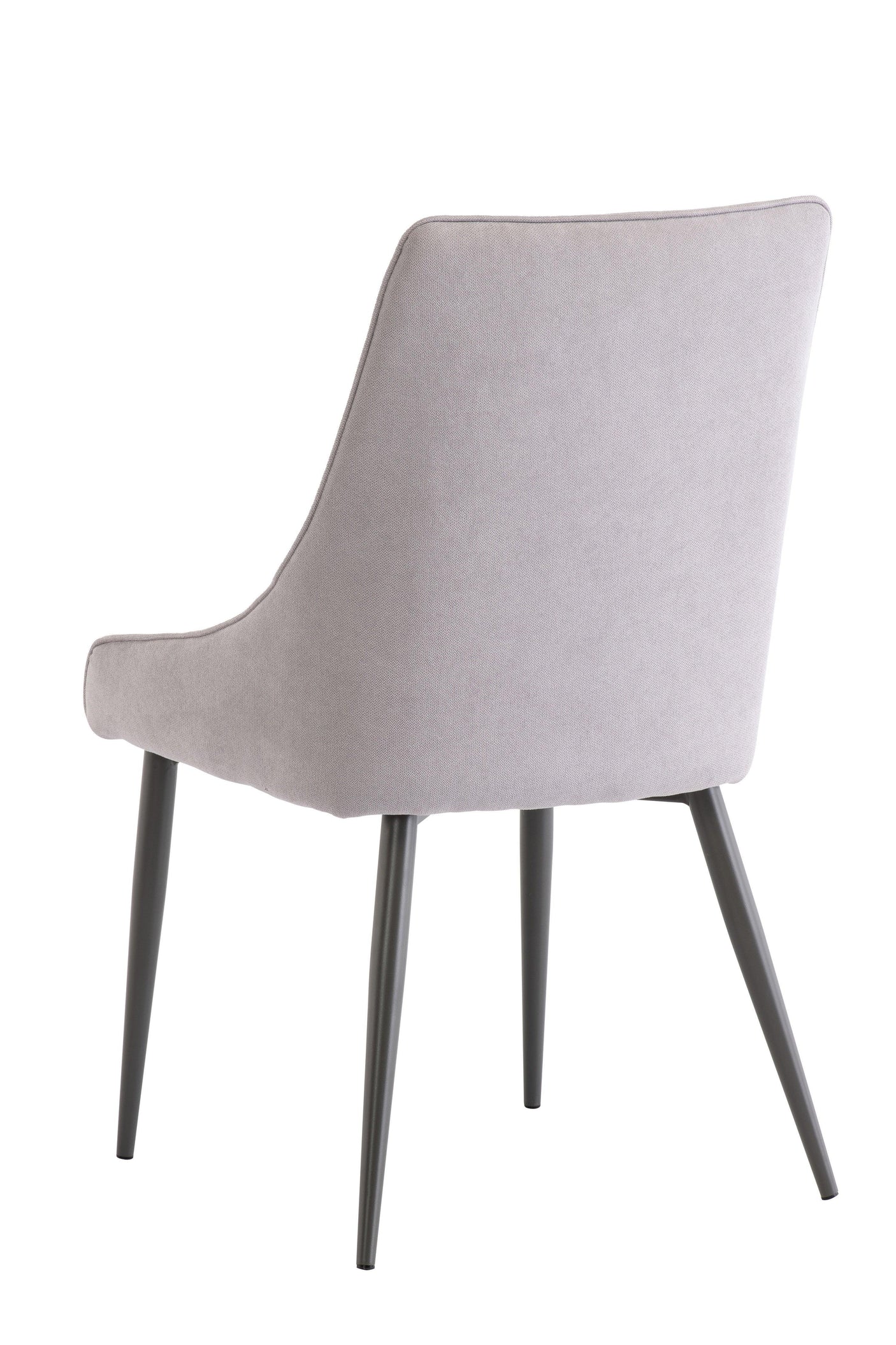 Light grey upholstered dining chair with black metal legs, rear angle view
