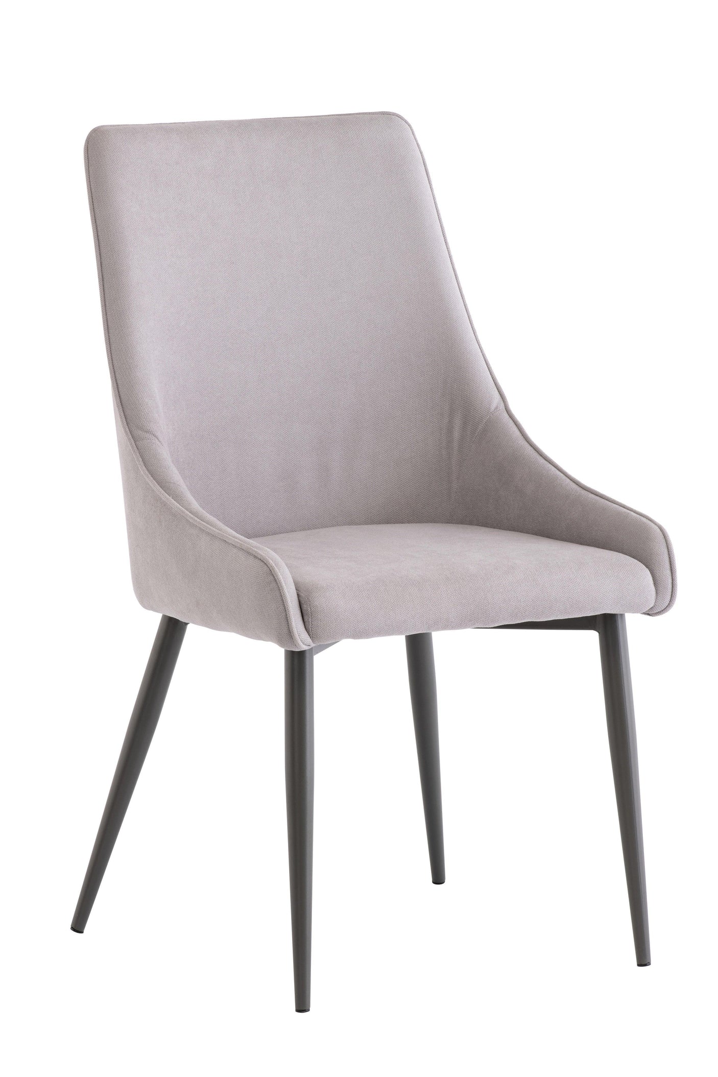 Light grey upholstered dining chair with black metal legs, angled front view