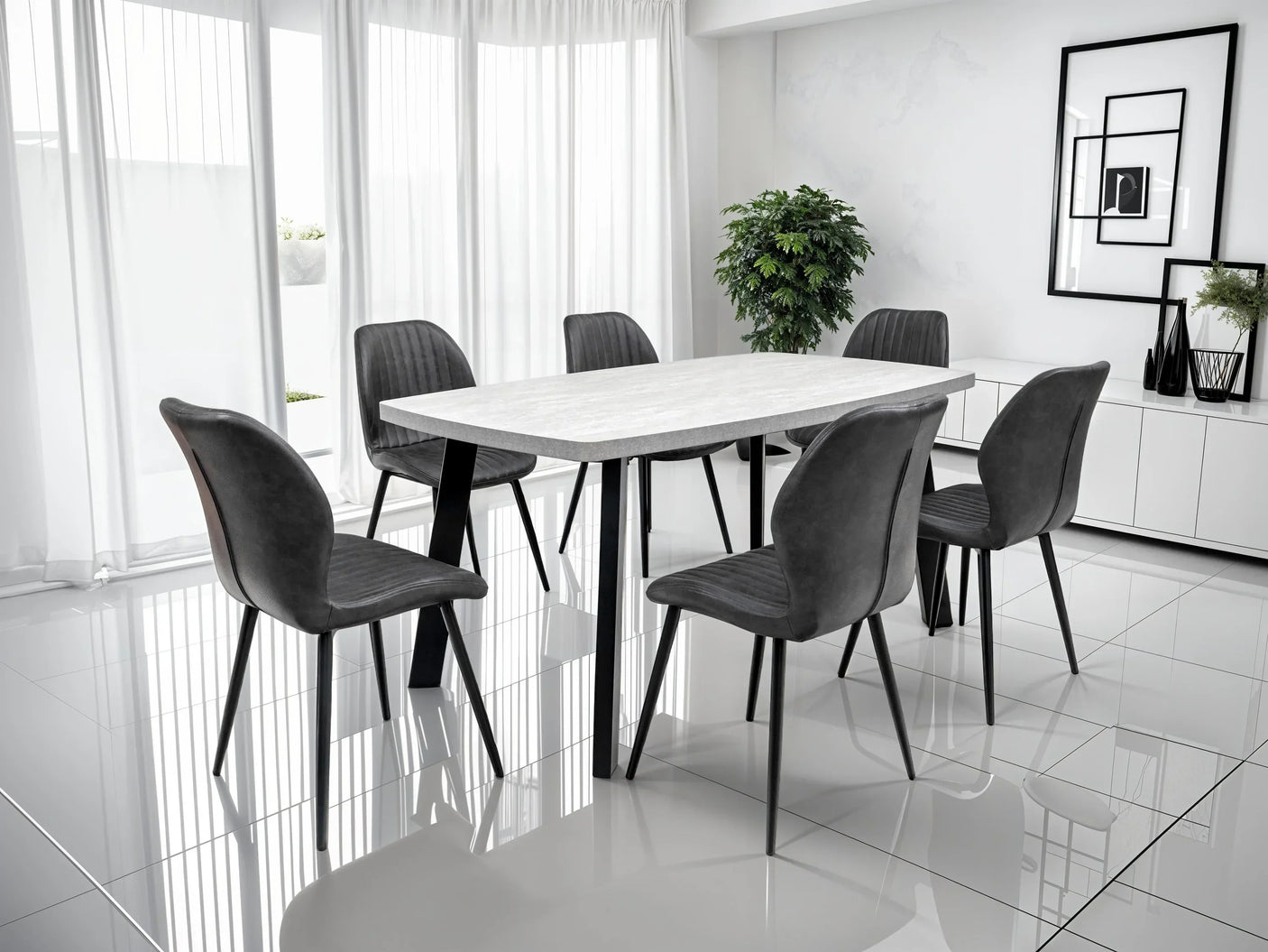 Modern dining table set with six grey upholstered chairs in bright minimalist dining room