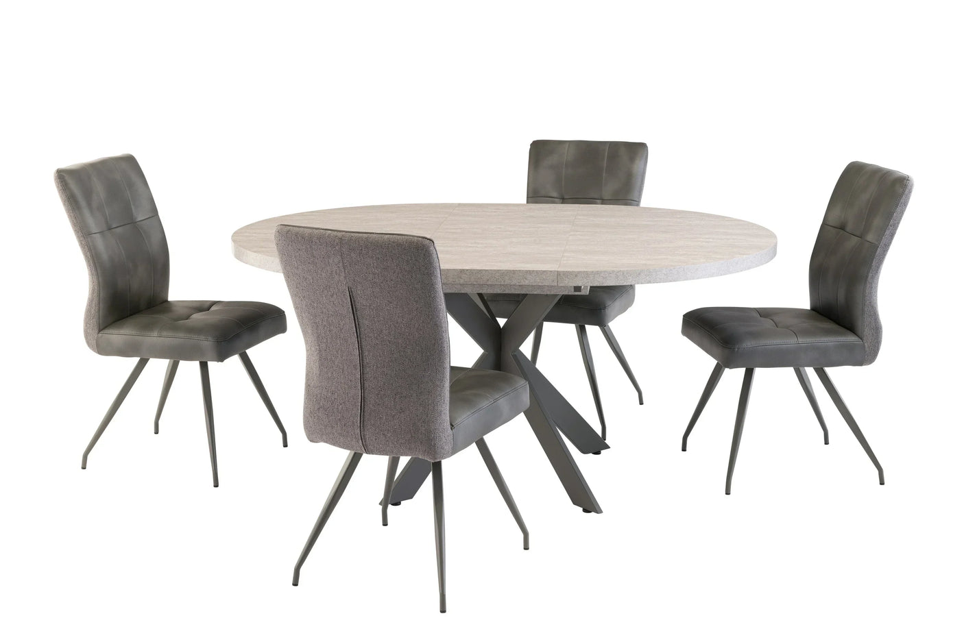 Extending round dining table with grey ceramic top and four grey upholstered dining chairs