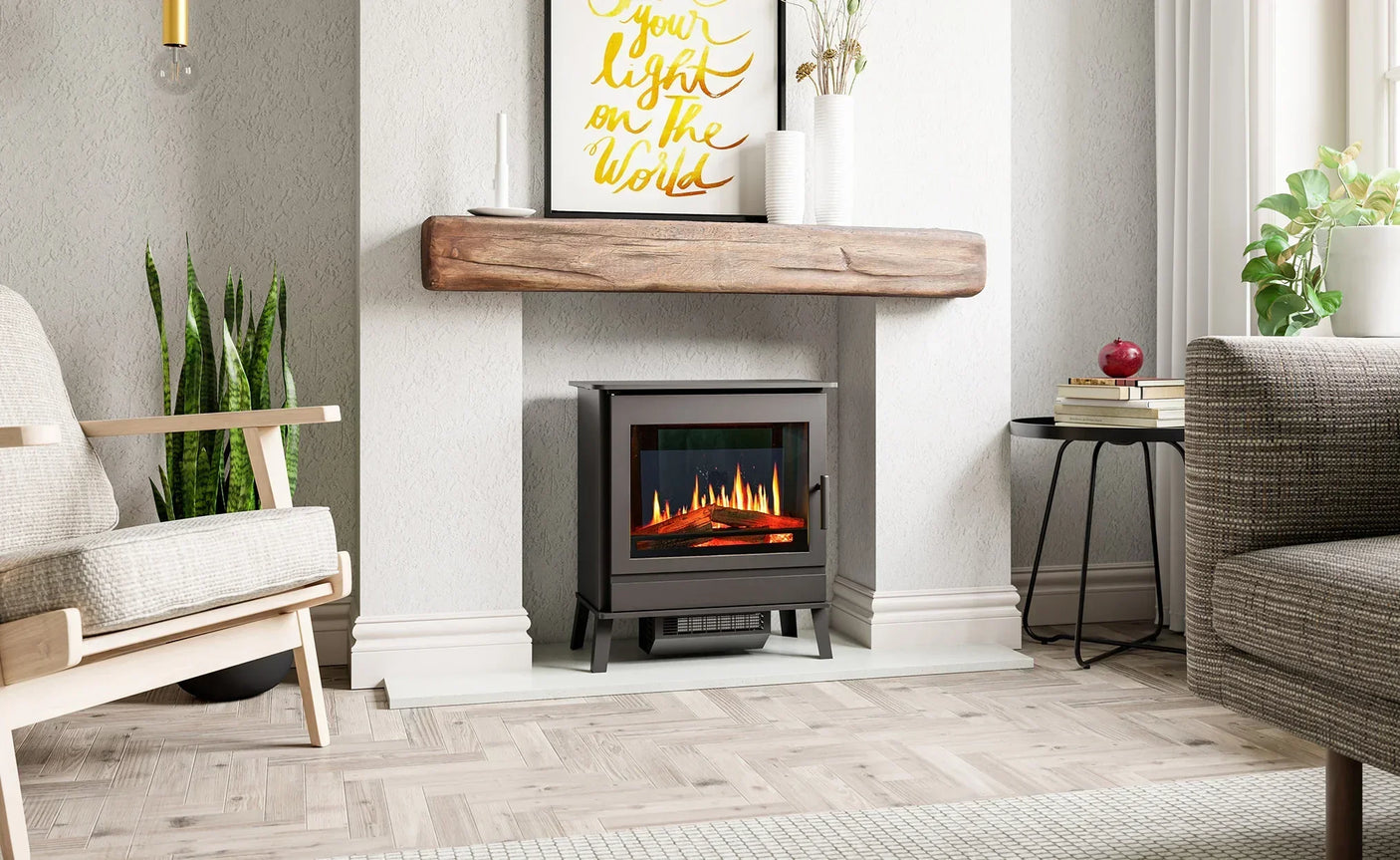Modern electric stove heater in fireplace with wooden mantel in bright living room