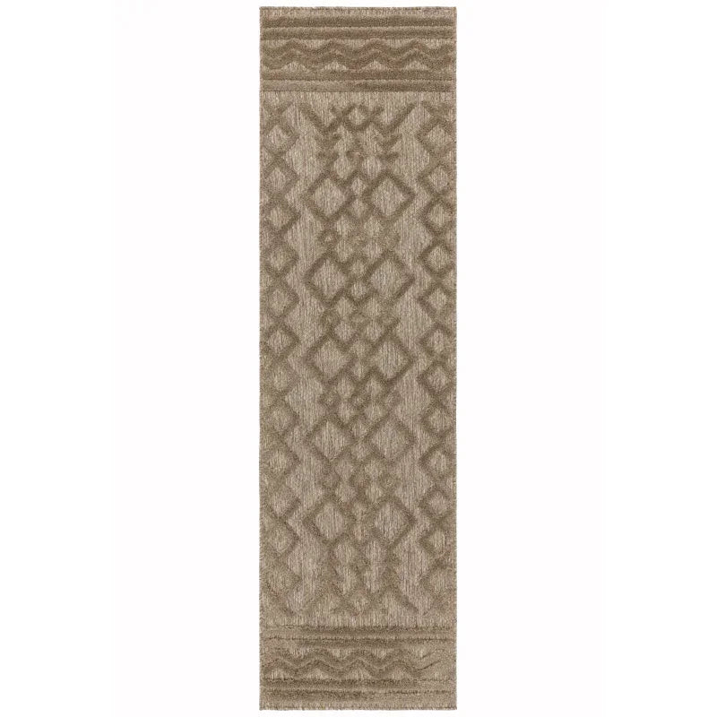Beige hallway runner rug with geometric textured pattern and subtle border detailing