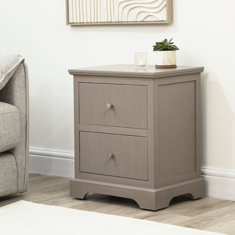 Lindon 2 Drawer Bedside Cabinet Taupe with Nickel Handles